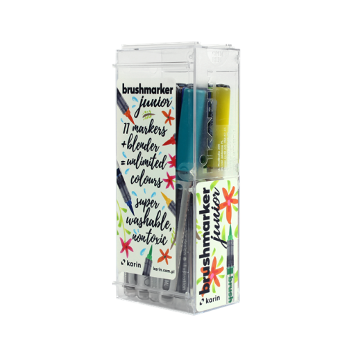 KARIN Brushmarker JUNIOR 11 basic colours + 1 blender set, FRONT